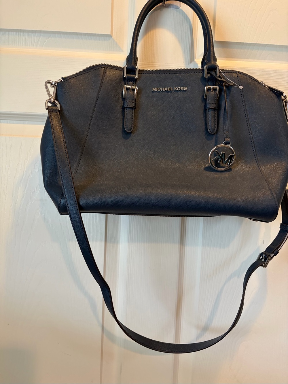 Michael Kors Navy Saffiano Satchel with Logo Charm